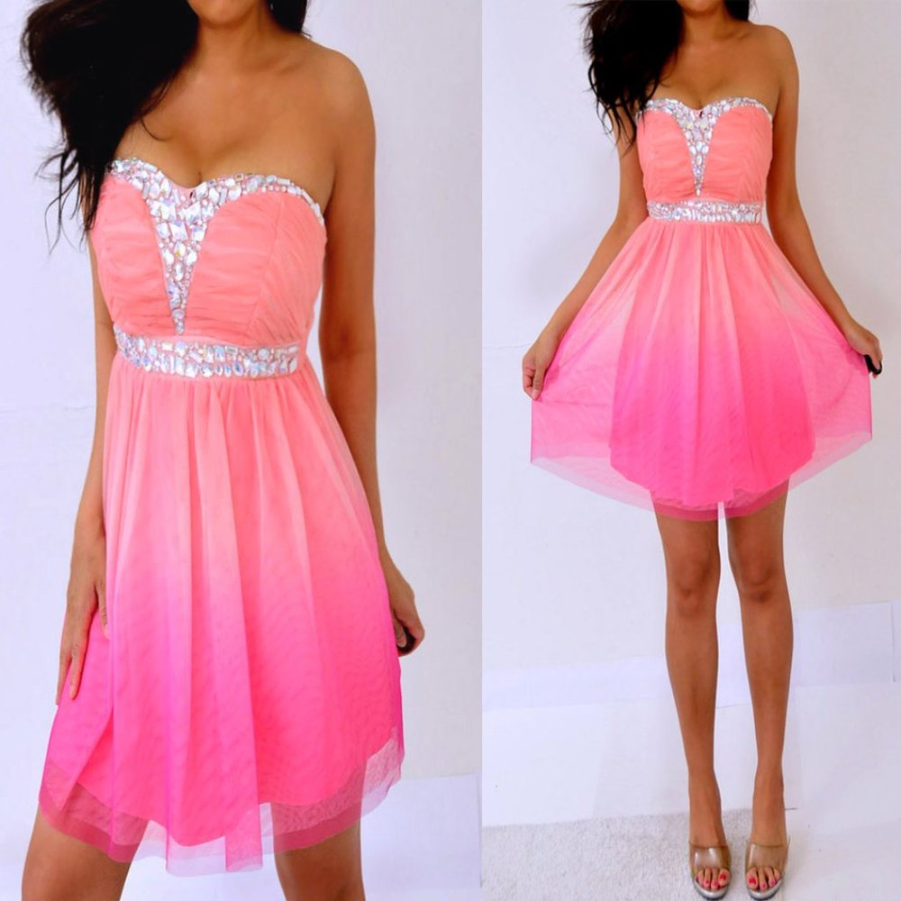 Pink Ombré Beaded Strapless Tube Dress 3 XS - Picture 1 of 7